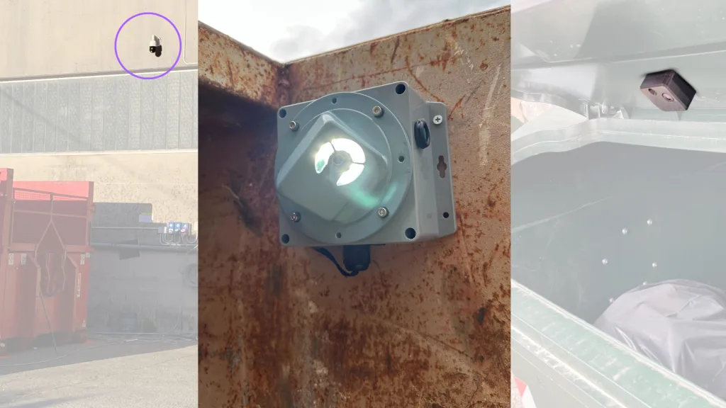 Three examples of NANDO sensors mounted on industrial and urban waste containers, highlighting waste monitoring technologies.