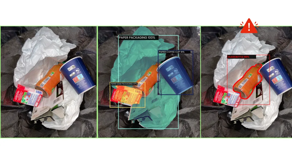 Three images showing NANDO’s AI automatically recognizing waste, with material labels and an alert for incorrect disposal.