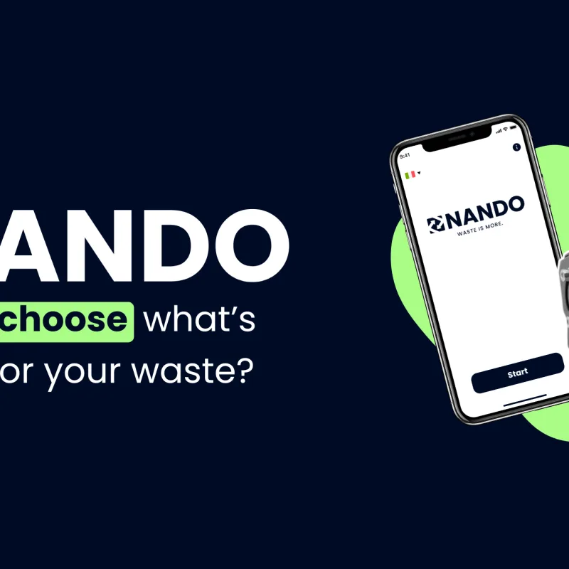 Image with a blue background and white logo featuring the title 'Ready to choose what’s right for your waste?' Next to it are the icons of NANDO.App and NANDO.Sensor.