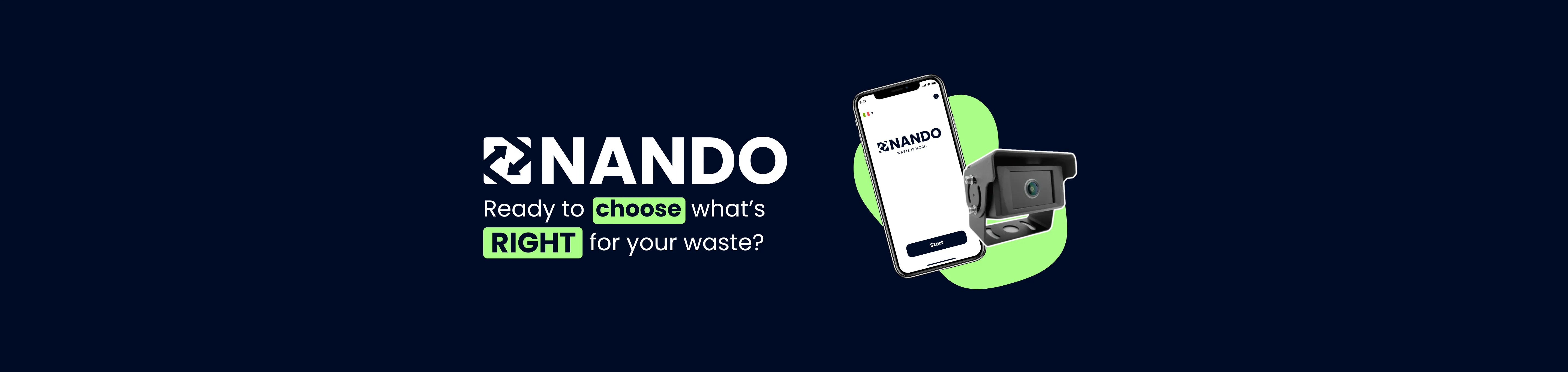 Image with a blue background and white logo featuring the title 'Ready to choose what’s right for your waste?' Next to it are the icons of NANDO.App and NANDO.Sensor.