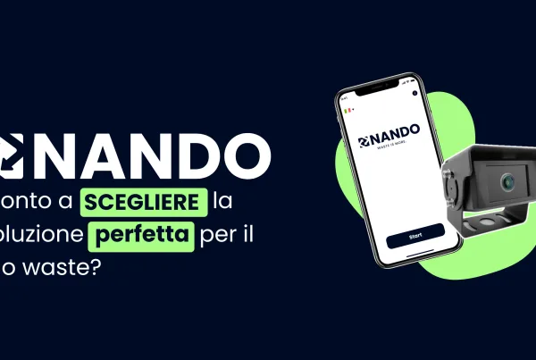 Immagine con sfondo blu e logo bianco con il titolo "Pronto a scegliere ciò che è giusto per il tuo waste?" Accanto ci sono le icone di NANDO.App e NANDO.Sensor.