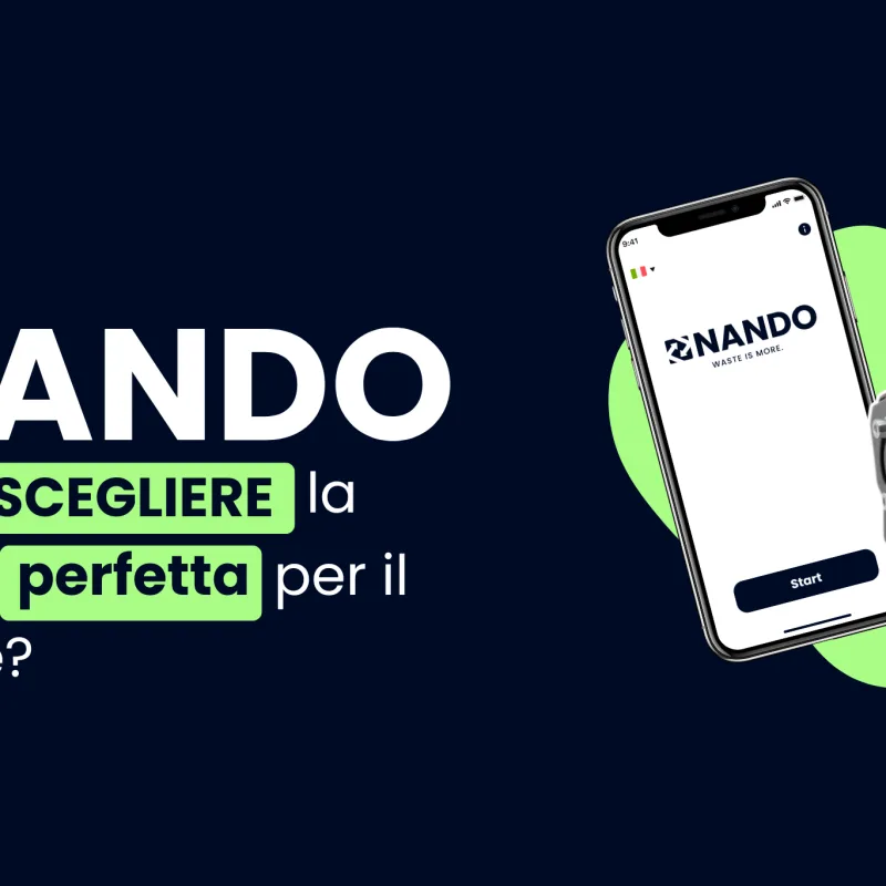 Immagine con sfondo blu e logo bianco con il titolo "Pronto a scegliere ciò che è giusto per il tuo waste?" Accanto ci sono le icone di NANDO.App e NANDO.Sensor.
