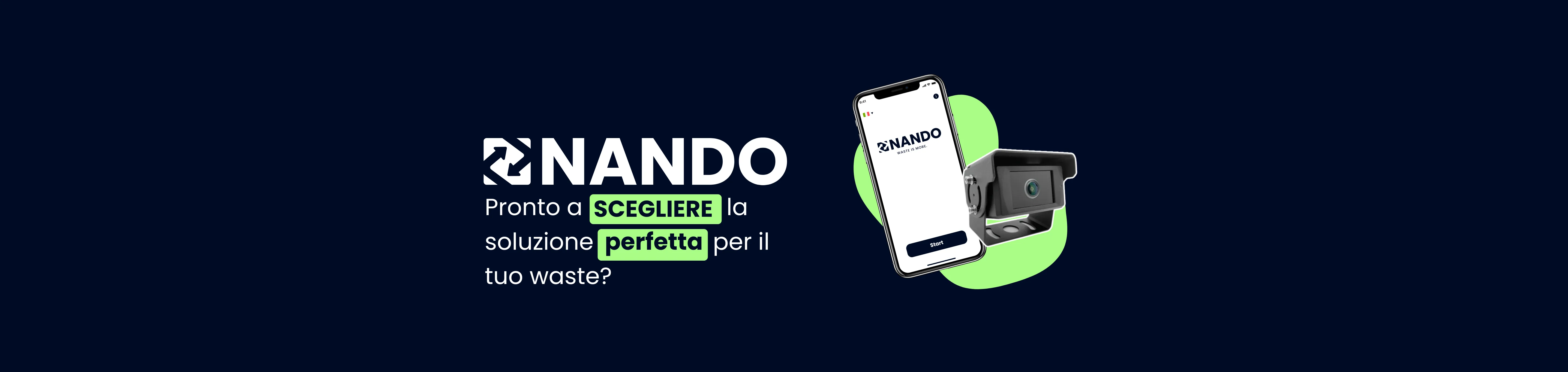 Immagine con sfondo blu e logo bianco con il titolo "Pronto a scegliere ciò che è giusto per il tuo waste?" Accanto ci sono le icone di NANDO.App e NANDO.Sensor.