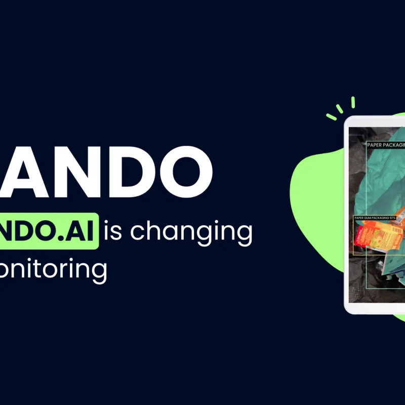 Image with a blue background and Nando AI logo. Title 'How Nando AI is changing Waste Monitoring' with a tablet scanning and identifying waste in a bin.