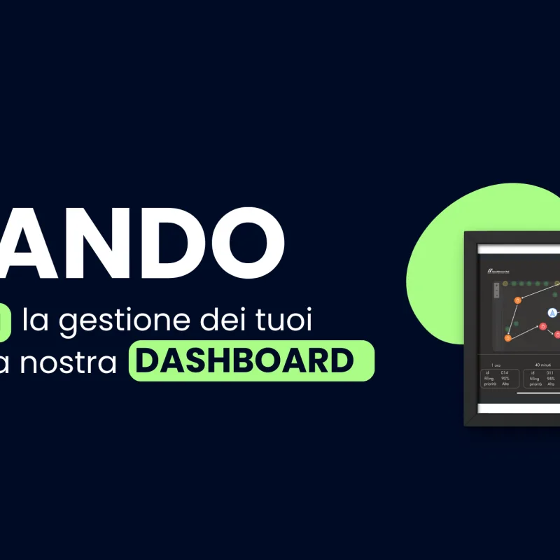 Sfondo blu con il logo bianco di NANDO sopra al titolo "Semplifica la gestione dei rifiuti con il nostro dashboard intuitivo". Sulla destra è visibile l'immagine del nostro dashboard.