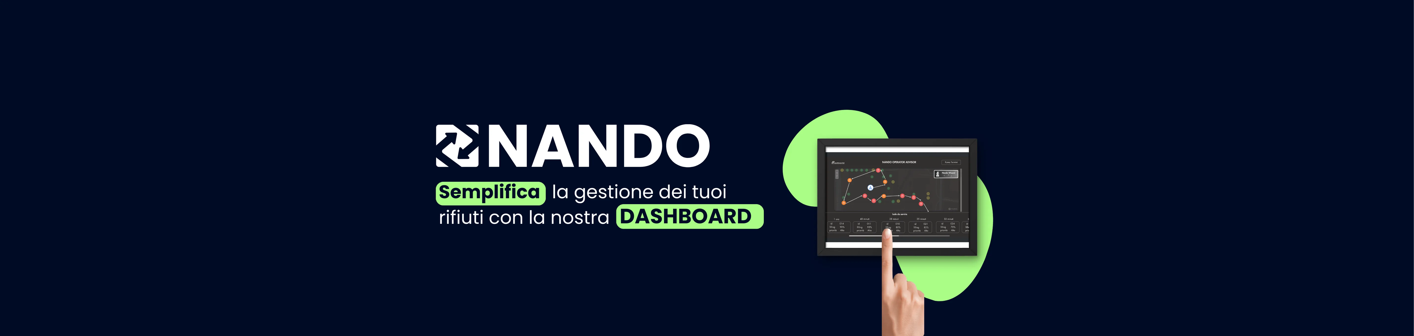 Sfondo blu con il logo bianco di NANDO sopra al titolo "Semplifica la gestione dei rifiuti con il nostro dashboard intuitivo". Sulla destra è visibile l'immagine del nostro dashboard.