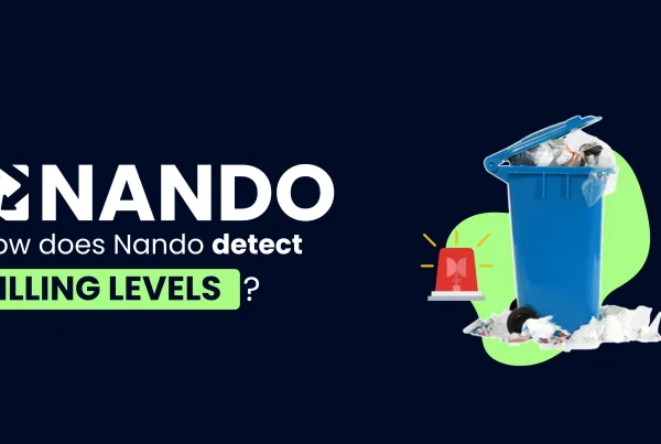 Title 'How does Nando detect filling levels?' with a blue background, alongside an image of a full trash bin representing the consequences of not monitoring waste levels
