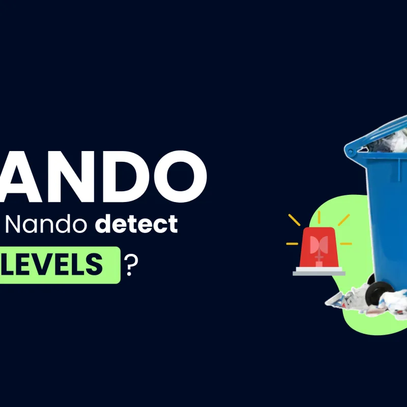 Title 'How does Nando detect filling levels?' with a blue background, alongside an image of a full trash bin representing the consequences of not monitoring waste levels