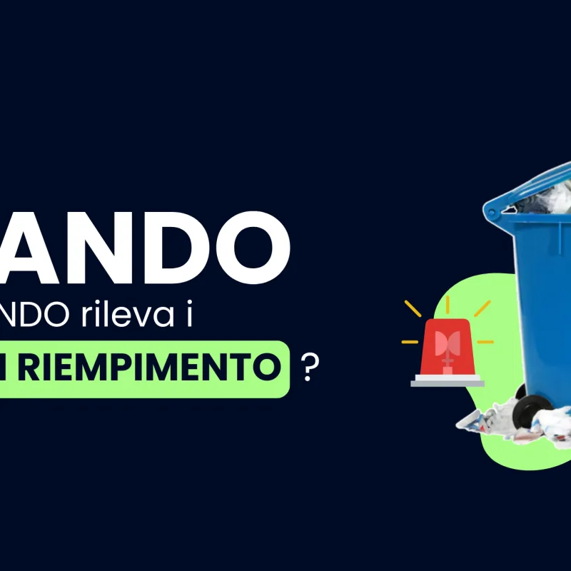 Titolo 'Come NANDO rileva i livelli di riempimento?' con sfondo blu, accanto a un'immagine di un cassonetto pieno che rappresenta le conseguenze della mancata gestione dei livelli di rifiuti.