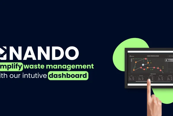 Blue background with the white NANDO logo above the title 'Simplify waste management with our intuitive dashboard'. On the right side, the image of our dashboard is displayed.
