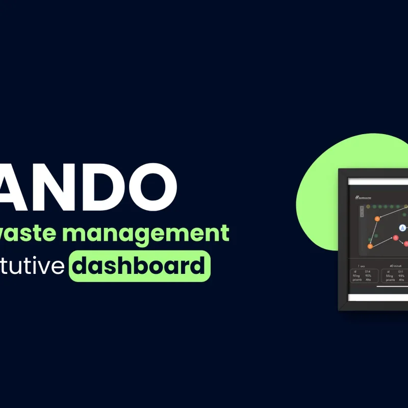 Blue background with the white NANDO logo above the title 'Simplify waste management with our intuitive dashboard'. On the right side, the image of our dashboard is displayed.