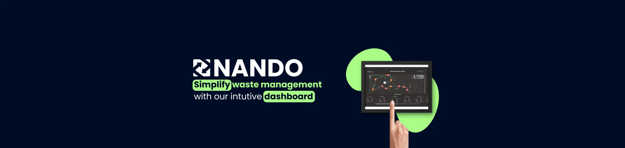 Blue background with the white NANDO logo above the title 'Simplify waste management with our intuitive dashboard'. On the right side, the image of our dashboard is displayed.