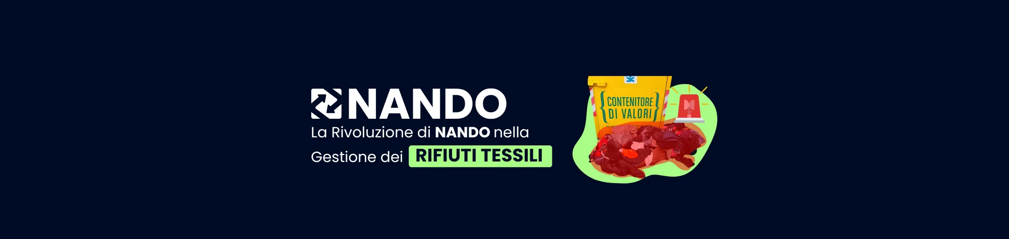 Immagine con sfondo blu, logo e titolo bianchi sulla sinistra. A destra, un cassonetto della raccolta rifiuti con rifiuti abbandonati per terra evidenziati in rosso, sottolineando il problema dell'abbandono dei rifiuti.