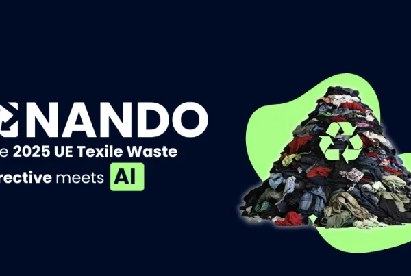 Cover with blue background and white NANDO logo on the top left. In the center, the title 'The 2025 EU Textile Waste Directive meets AI,' with 'AI' underlined in green. On the right, a pile of clothes and textile waste featuring a green recycling symbol in the center