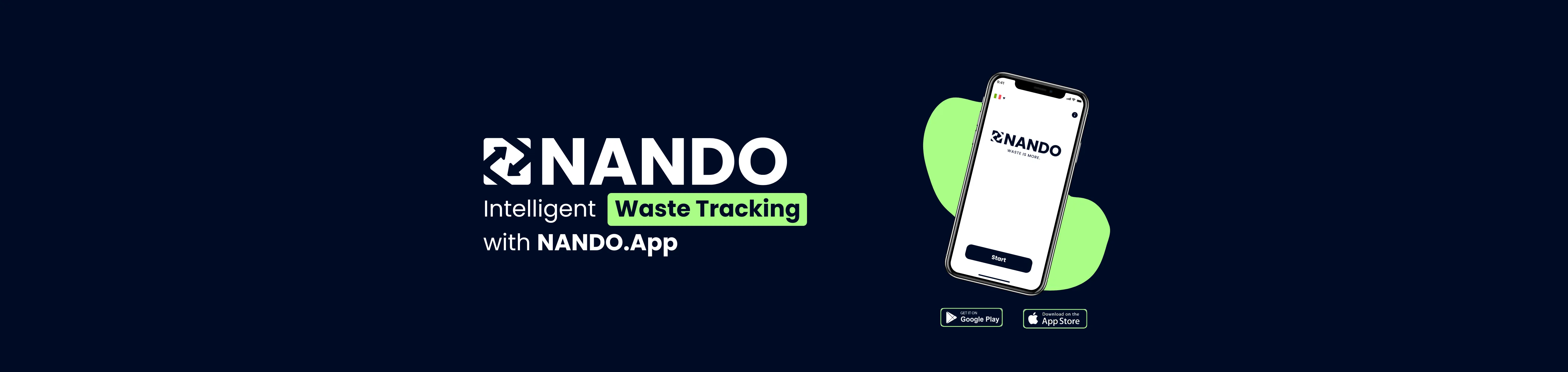 Primo piano su sfondo blu scuro che mostra uno smartphone tenuto in mano al posto di un dispositivo sensore, con una forma astratta verde sullo sfondo. A sinistra, il logo bianco "NANDO" appare sopra il testo "Monitoraggio Intelligente dei Rifiuti con NANDO.App" in bianco e verde.
