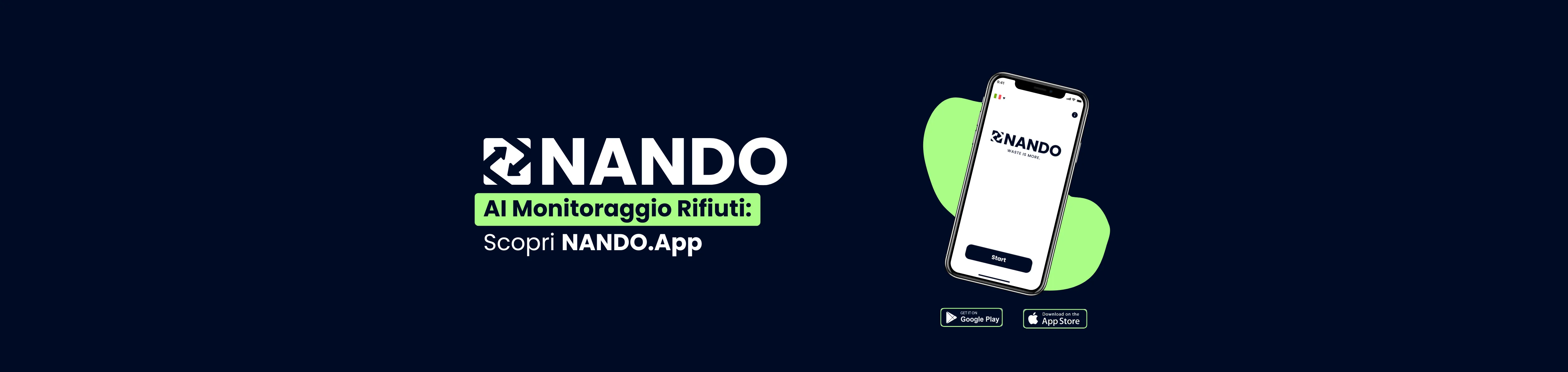 Primo piano su sfondo blu scuro che mostra uno smartphone tenuto in mano al posto di un dispositivo sensore, con una forma astratta verde sullo sfondo. A sinistra, il logo bianco "NANDO" appare sopra il testo "Monitoraggio Intelligente dei Rifiuti con NANDO.App" in bianco e verde.