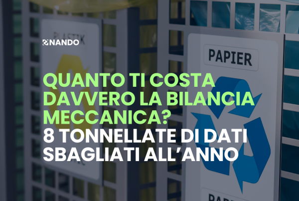 Processo misurazione rifiuti: bilancia meccanica tradizionale (4 step, 4 errori) vs NANDO.App (1 foto, report automatico). Dashboard real-time con riconoscimento categorie, peso AI, identificazione contaminanti per compliance CSRD.